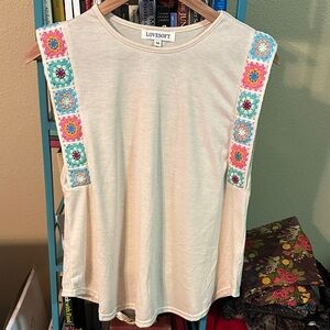 Cream Crochet-Trim Sleeveless Tank
